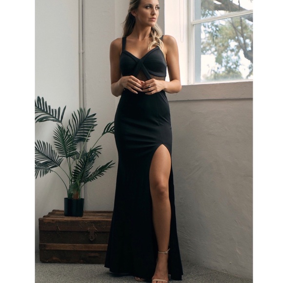 Mesh Cut Out Split Formal Dress in Black - Picture 1 of 6